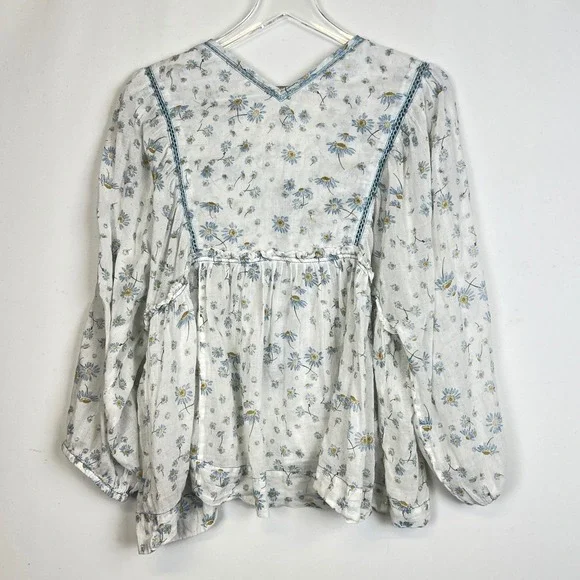 Free People Daisy Floral Peasant Blouse Womens Medium M White Boho Festival - Picture 15 of 16